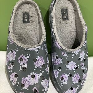 CROCS Women's Gray and Purple Floral Mules size 11 women’s. Lightly worn.